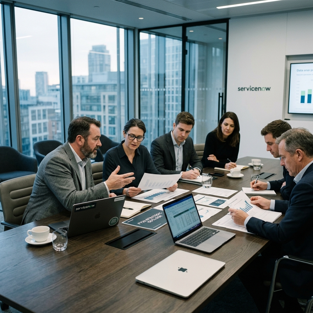 Executive strategy meeting inside modern boardroom with daylight