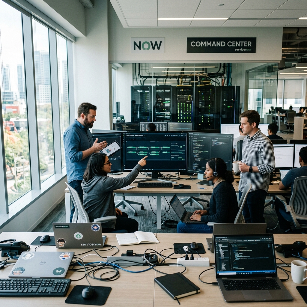 Executives in modern command center room planning AI architectures