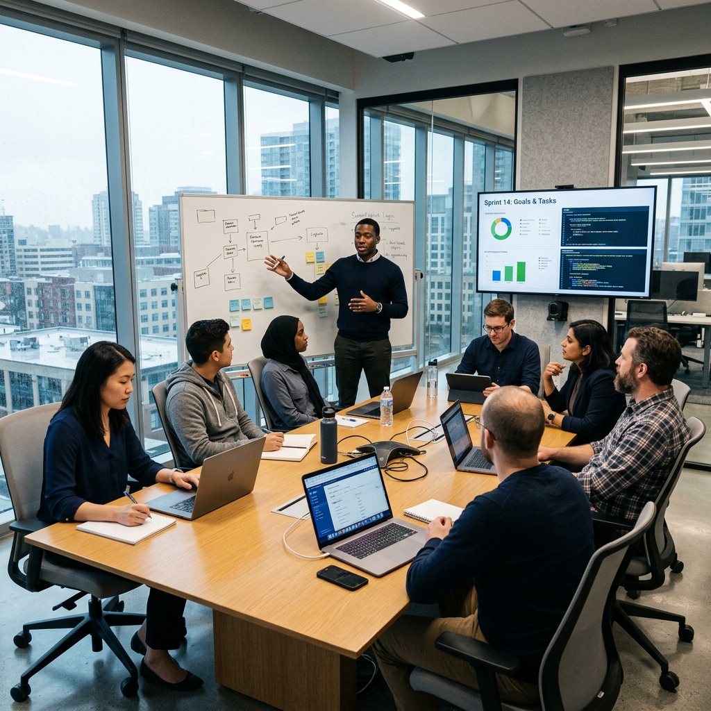 Executive engineering team planning architecture roadmap in daylight-filled office boardroom