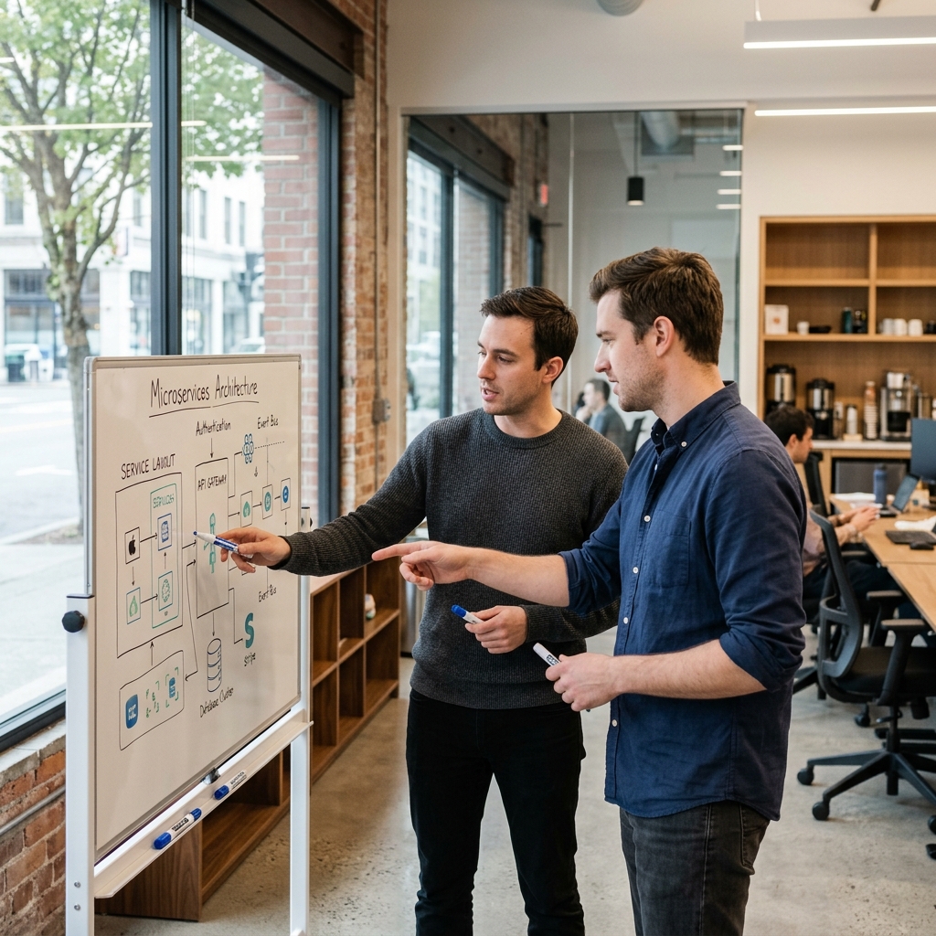 Engineers reviewing and mapping software microservices architecture on whiteboard
