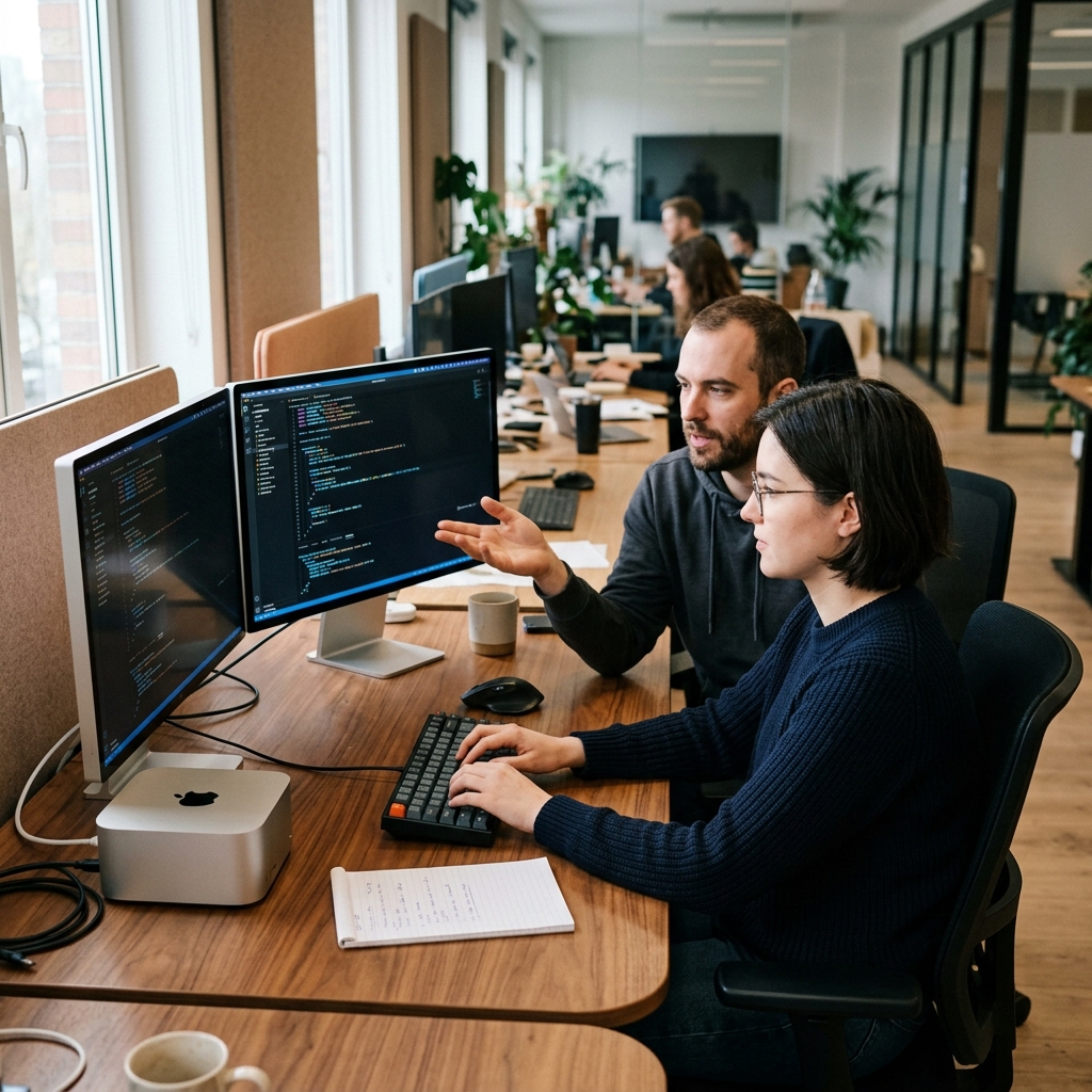 Developer analyzing multi-system telemetry dashboard in a modern office setup