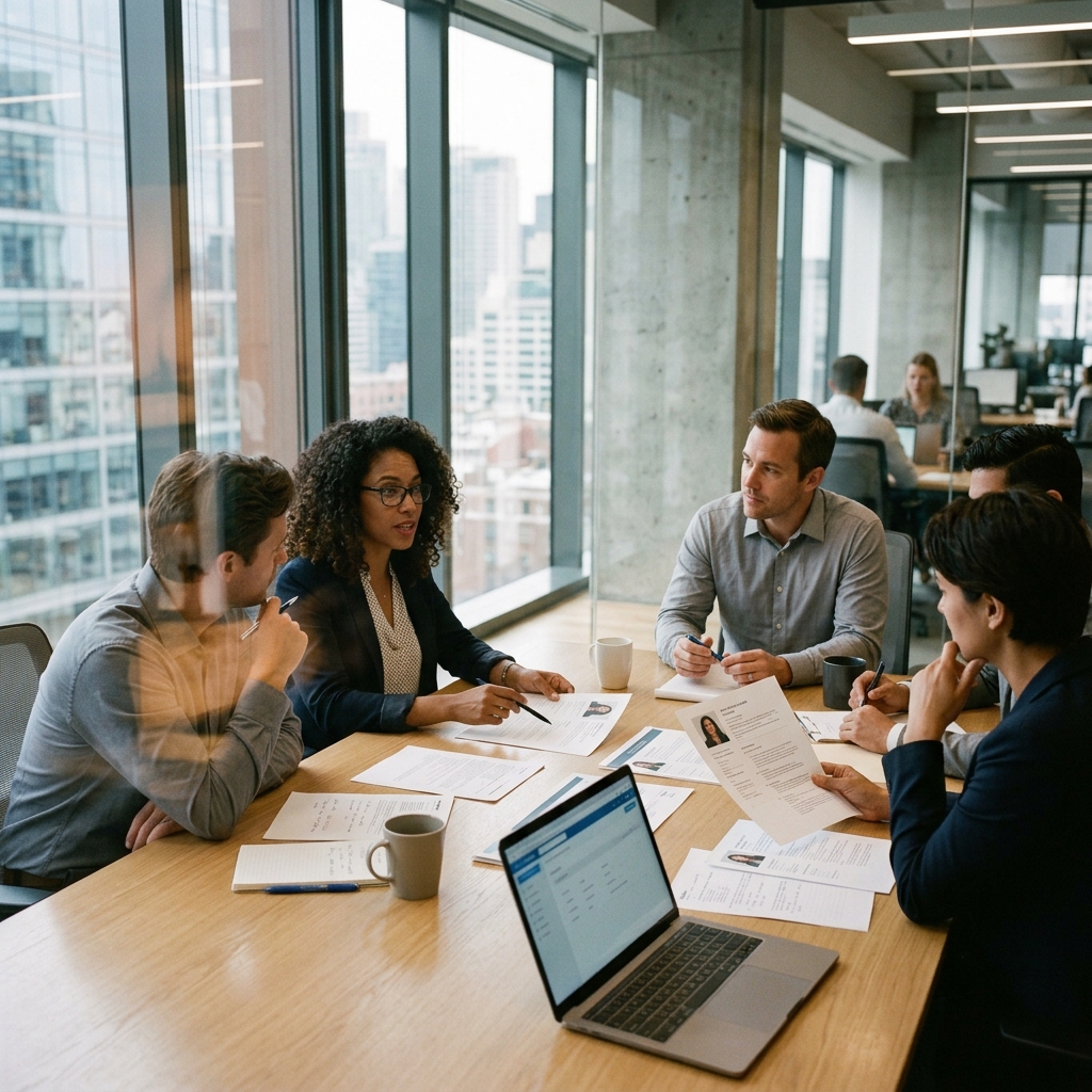 Hiring managers reviewing portfolios in strategy session room